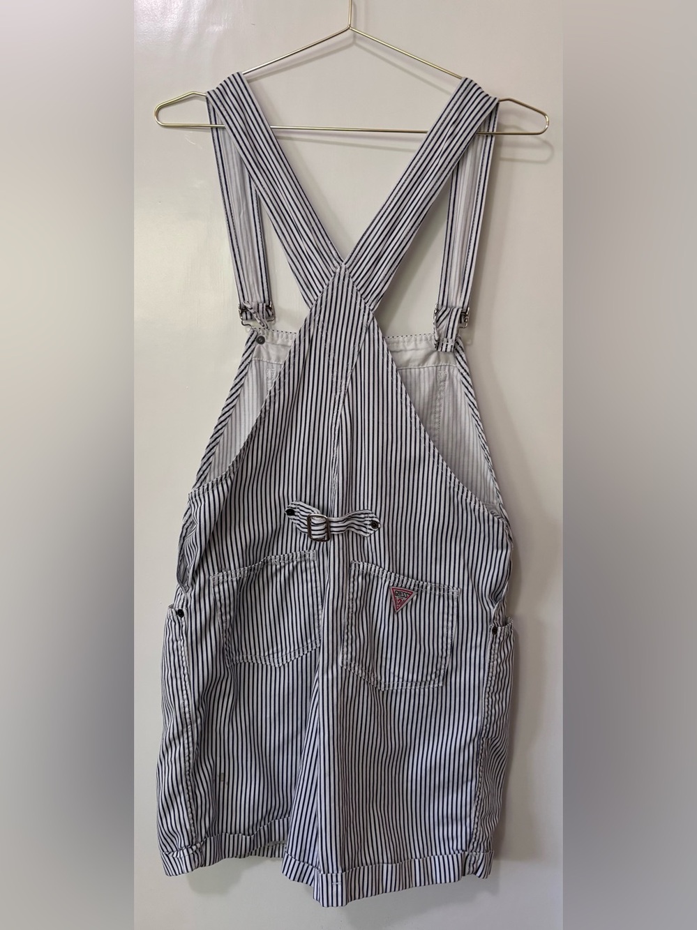 Guess| 1988 Vintage Navy & White Pinstriped Denim Overalls Cuffed Shorts Sz 4 - Picture 6 of 10